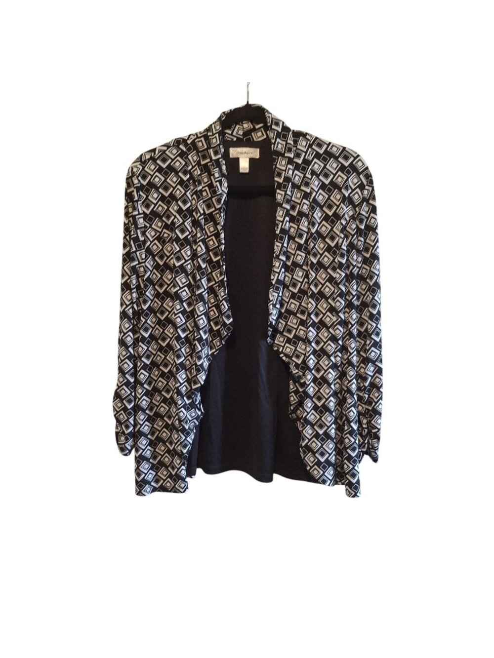 Dressbarn Womens Open Front Cardigan Black & White Geometric Pattern Lightweight